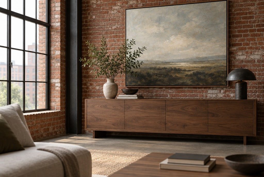 A mill-loft style room with exposed brick, black steel windows, a solid wood console and a large painting