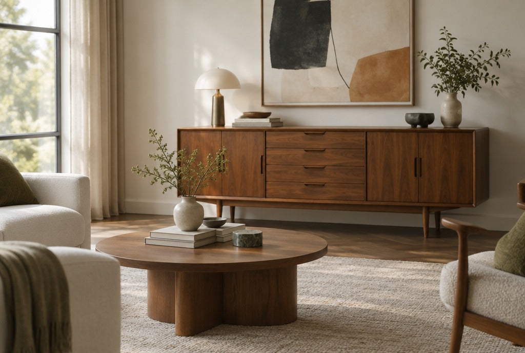 A living room mixing a vintage-inspired wood sideboard with a modern round wood coffee table and contemporary art