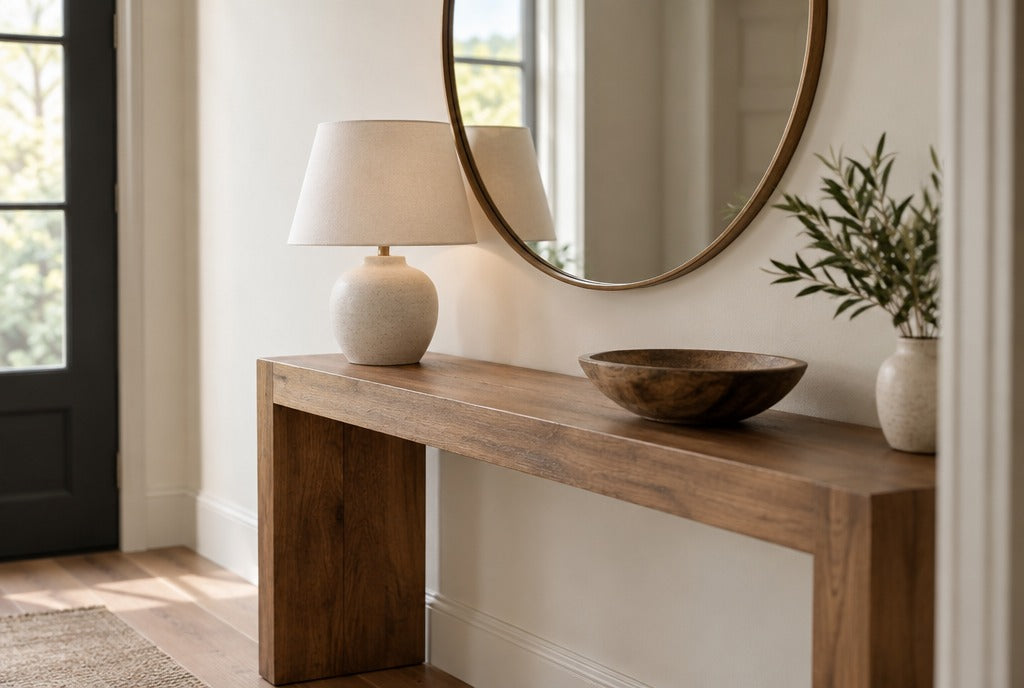 A solid wood console table in an entry with a round mirror, a lamp and a bowl