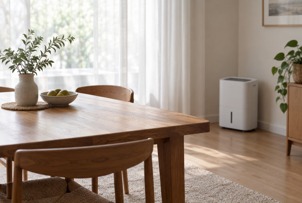 A solid wood dining table near a window with sheer curtains and a small dehumidifier in the corner