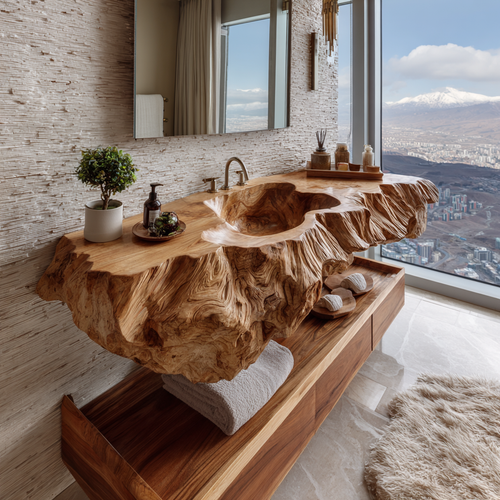 Averon Organic Carved Solid Wood Floating Bathroom Vanity With Integrated Sink