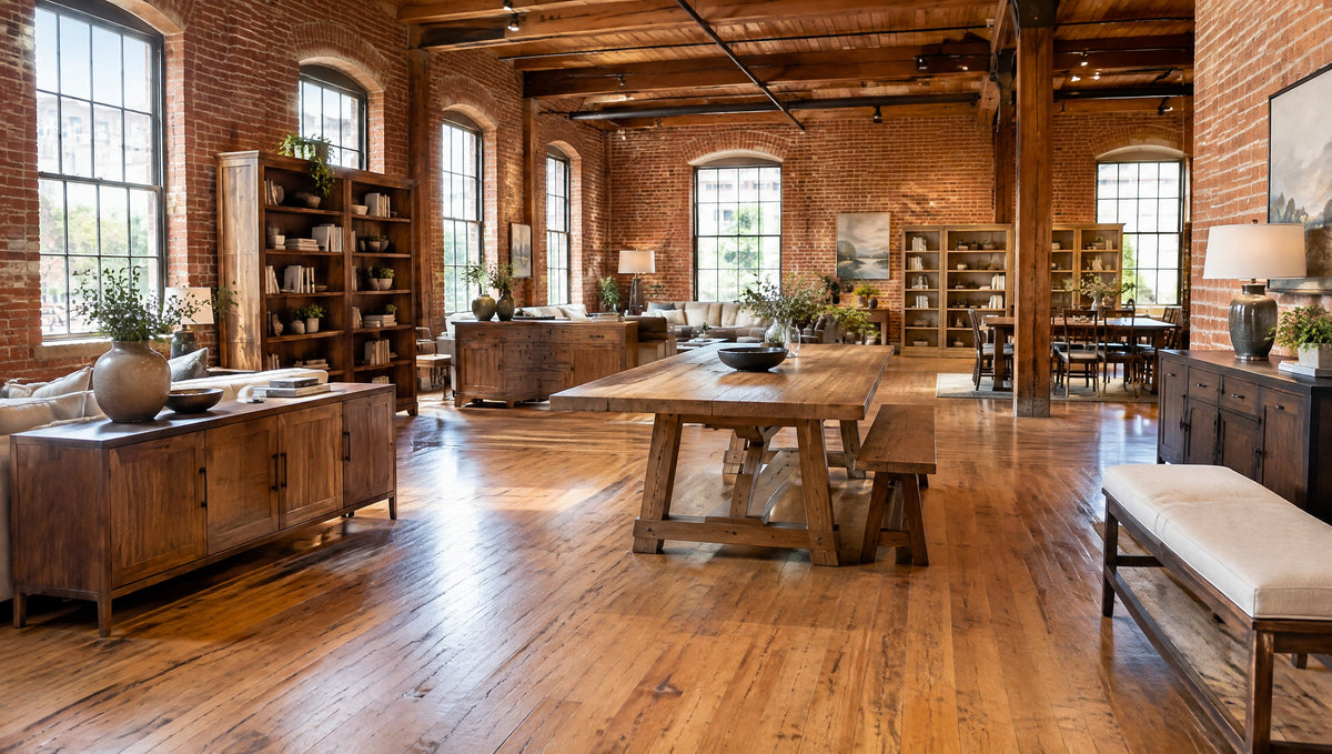 A restored brick mill showroom with newly built solid wood furniture