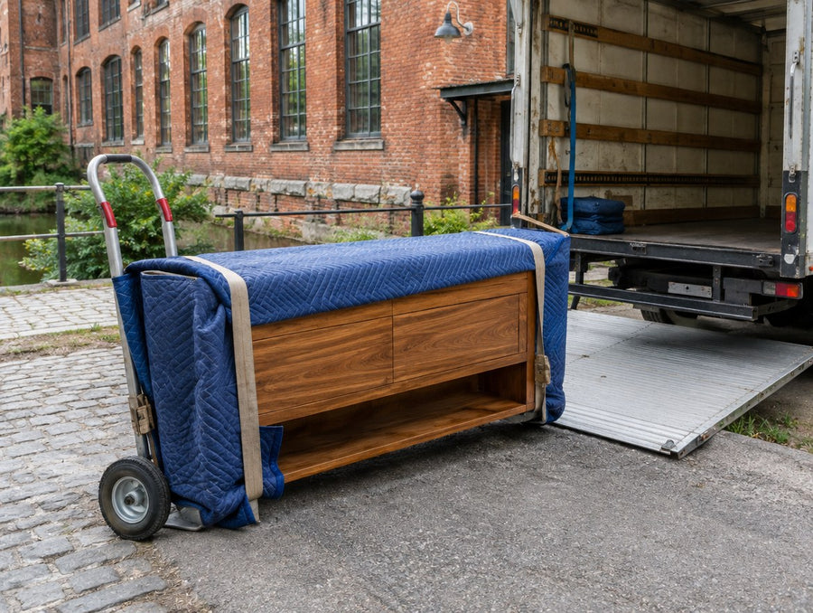 A blanket-wrapped solid wood console beside a delivery truck outside a brick mill