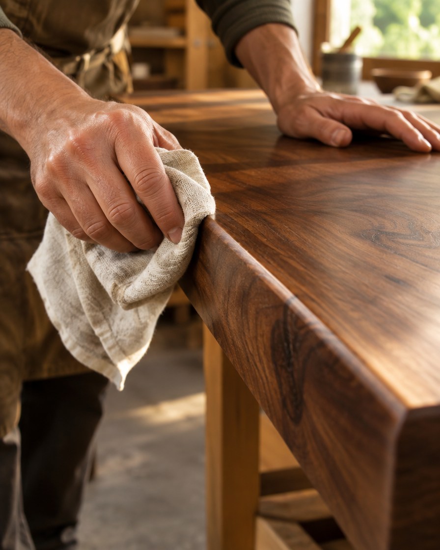 Hands buffing the edge of a solid walnut tabletop