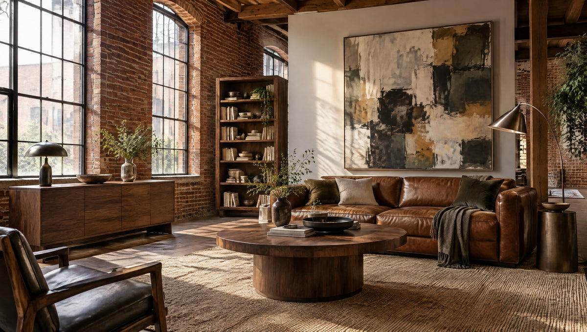 A restored brick mill loft living room with a solid walnut console and round wood coffee table