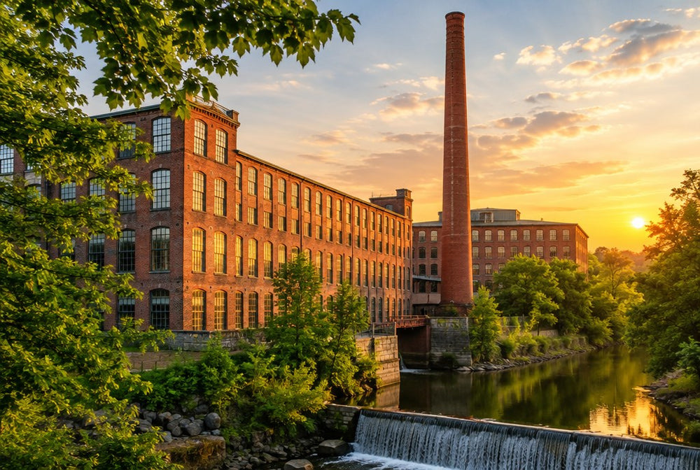 A historic red brick textile mill at golden hour